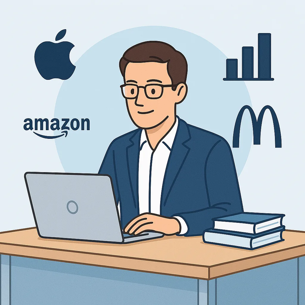 Homme consultant son ordinateur, entouré des logos Apple, Amazon et McDonald’s, représentant l’investissement dans des actions américaines via un compte-titres.