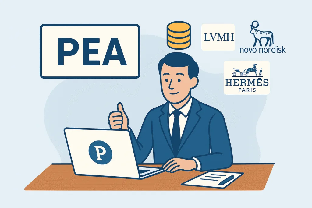 Illustration d'un investisseur utilisant un PEA avec des actions européennes comme LVMH, Hermès et Novo Nordisk.