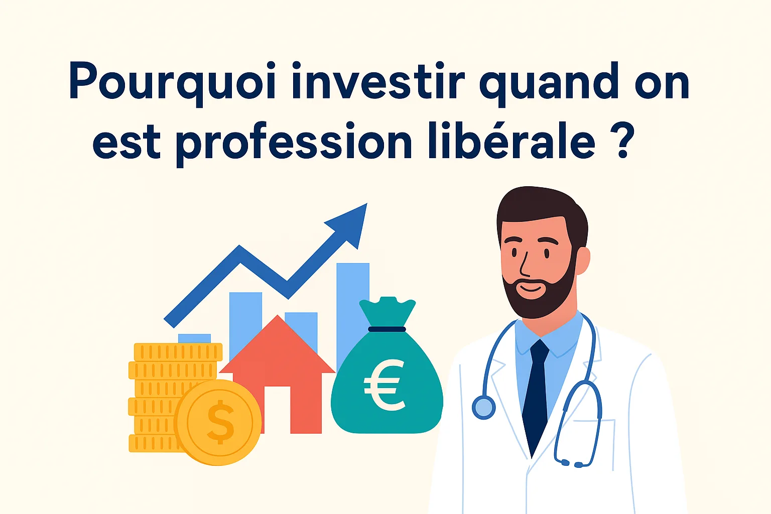 Médecin en blouse devant des icônes d’investissement : pièces, graphique, billet, immobilier.